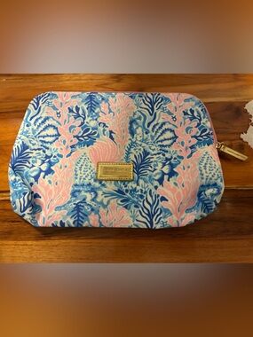 Pastel Blue & Pink Coral Print Cosmetic Pouch